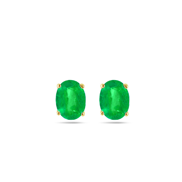Gem Stone King 0.80 Ct Oval 6x4mm Green Simulated Emerald 14K Yellow Gold Stud Earrings with Comfort Back 
