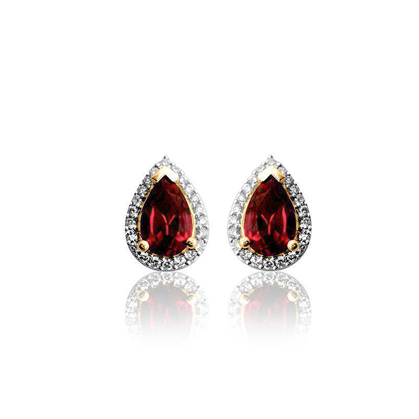 Pear Ruby and Diamond Halo Stud Earrings 14K White Gold